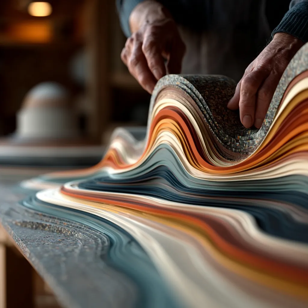 Hands shape layers of colorful material on a workbench