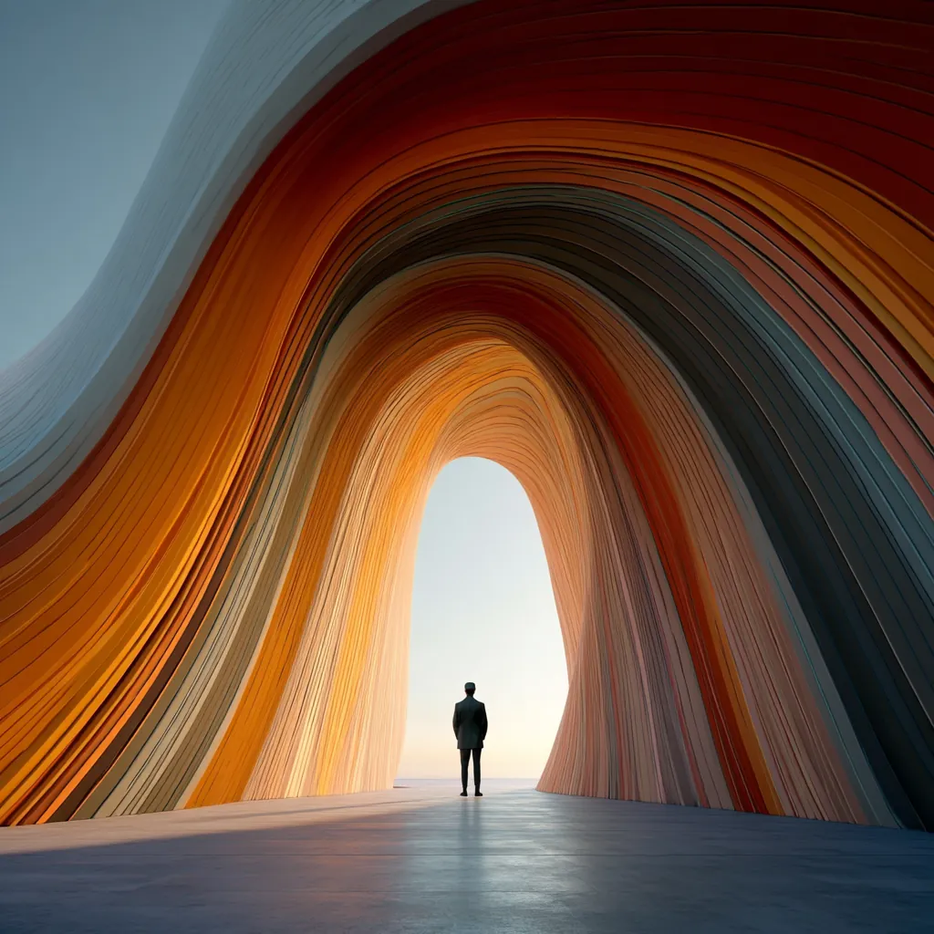 A person stands in a gate of colorful layers