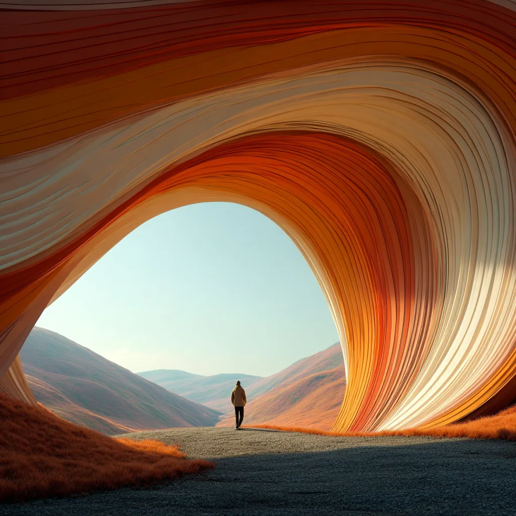 A person walks through a gate of colorful layers into an open landscape