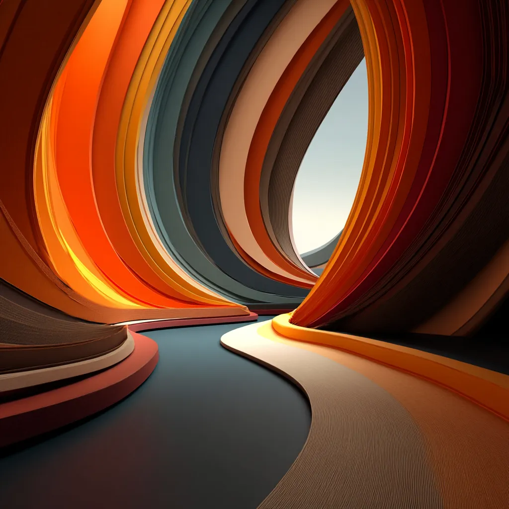 A path leads through a gate of curved, colorful layers