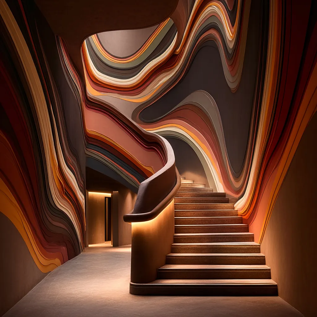 A staircase between curved, colorful layers of rock